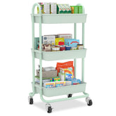 Sekey 3-Tier Rolling Cart – Kitchen Trolley made of Plastic & Stainless Steel, Rustproof, 360° Rubber Wheels with Brake, Ergonomic Handle, Load Capacity up to 30 kg, Versatile Serving Cart for Kitchen, Bathroom, Office & More – Mint Green